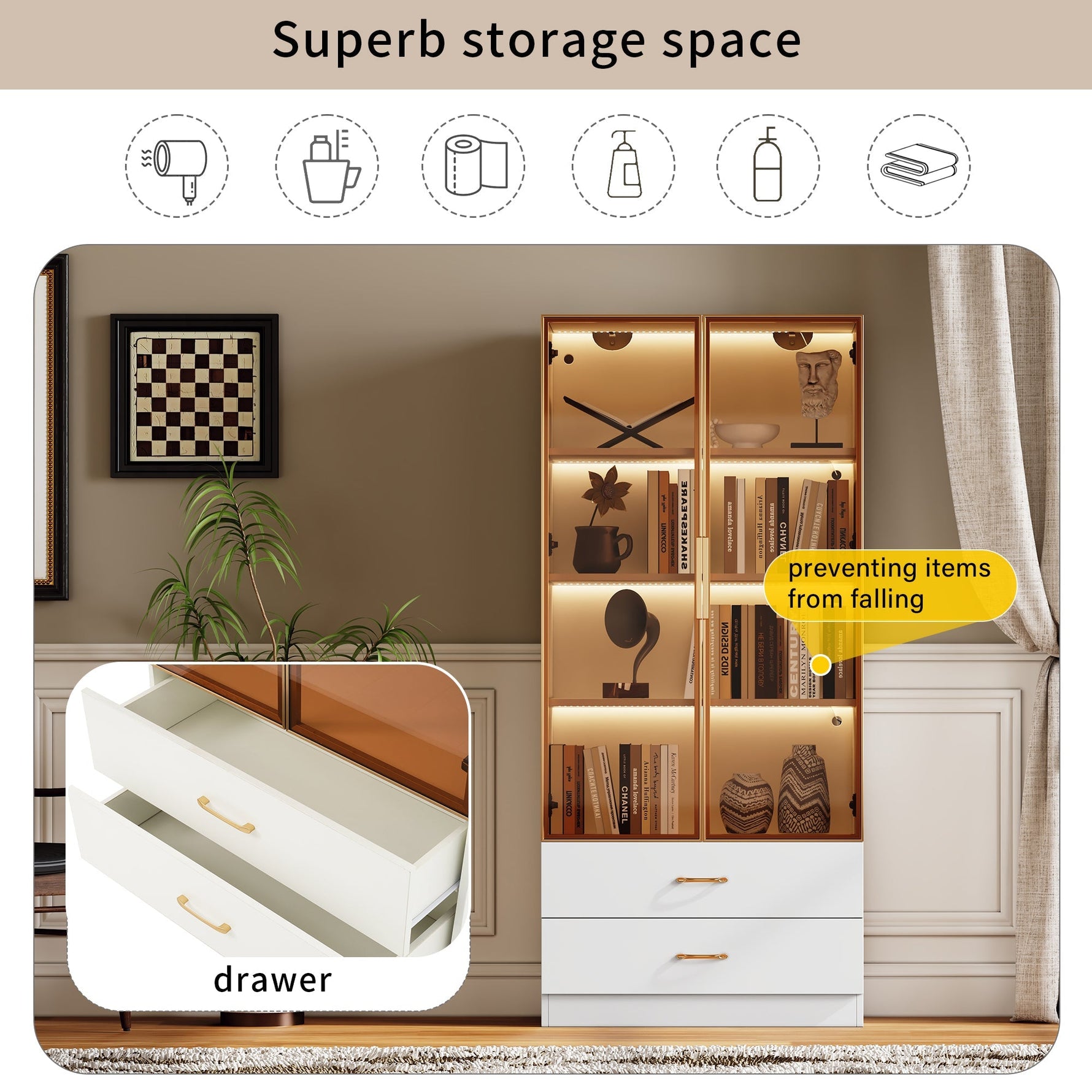 Bathroom Cabinet, 75cm, 2 Drawers & 2 Doors, Glass