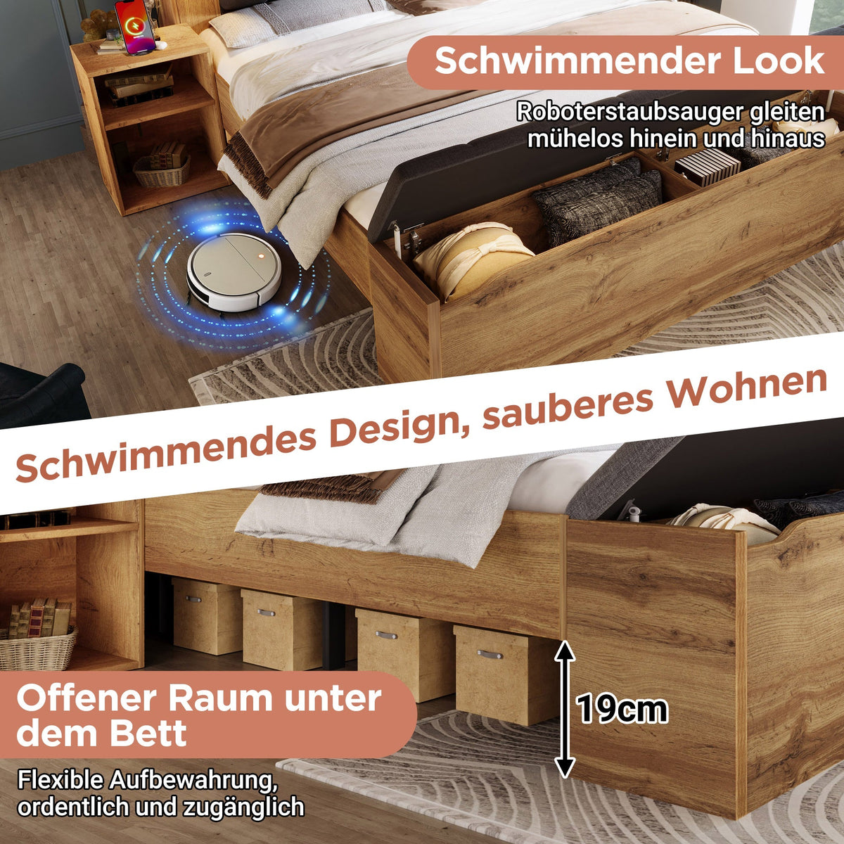 Double Bed 180x200cm with Fold-Down Headboard, Storage, Nightstands, Bed Bench and USB Lamps, Oak Color