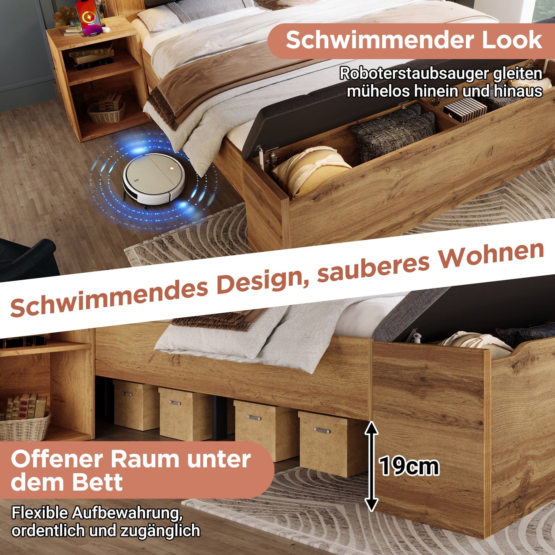 Double Bed with Mattress, Storage, Bedside Tables, Bench and USB Lamps, Oak Wood and Linen