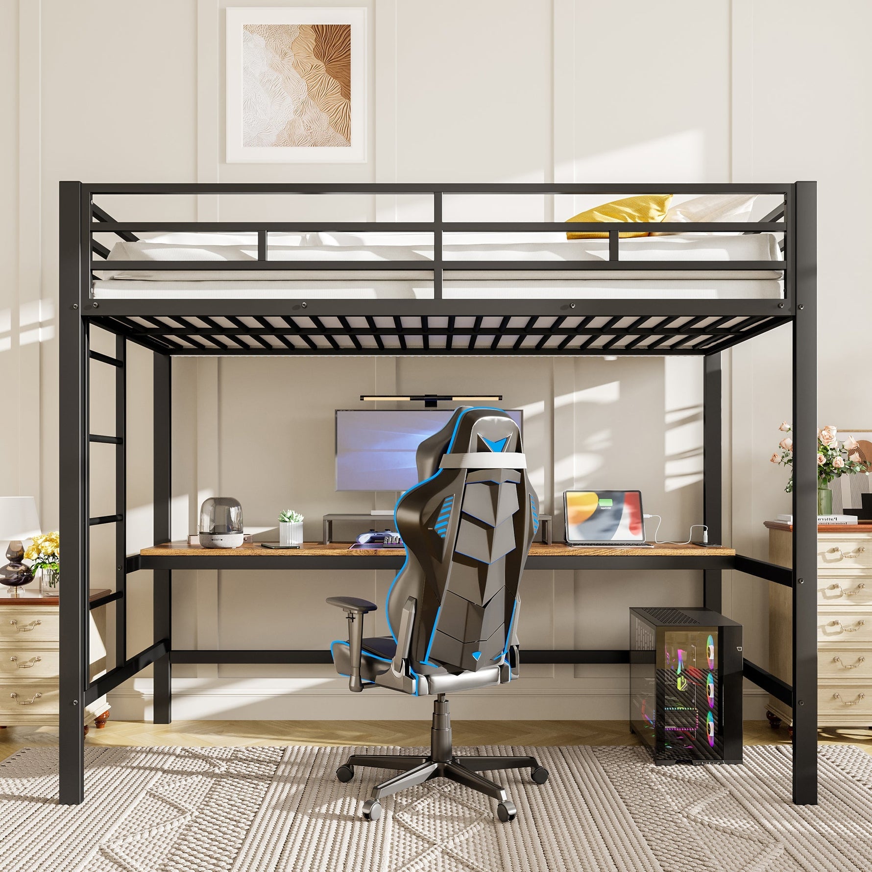 Loft Bed with Desk, USB, Power Outlets and App-Controlled LED Lights, 90x200cm, Black Metal