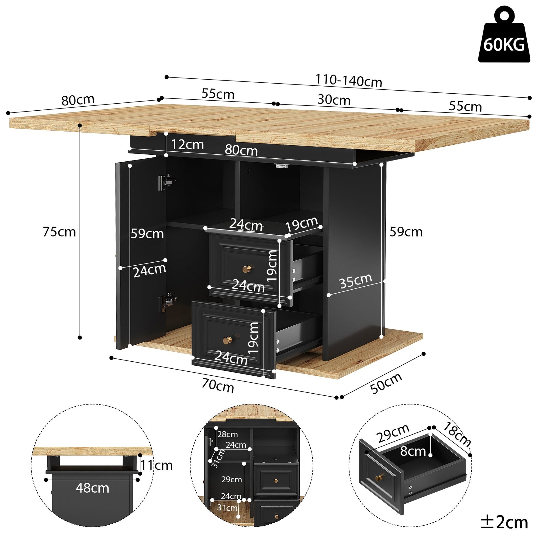 Extendable Dining Table with LED Lighting, 110-140cm, Seats 6, Wood Finish