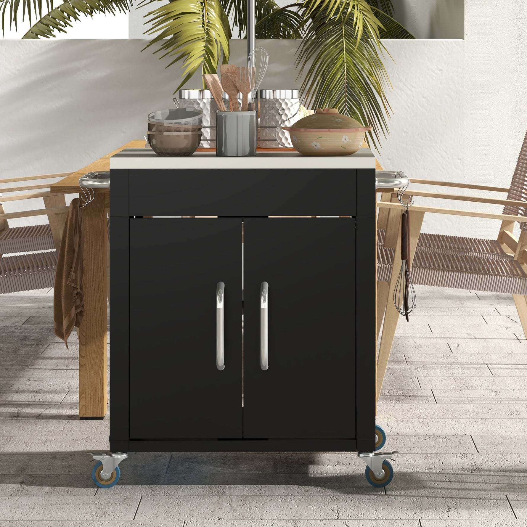 Kitchen Trolley Serving Cabinet with Wheels Hooks 86x50x86.5cm, Black Stainless Steel