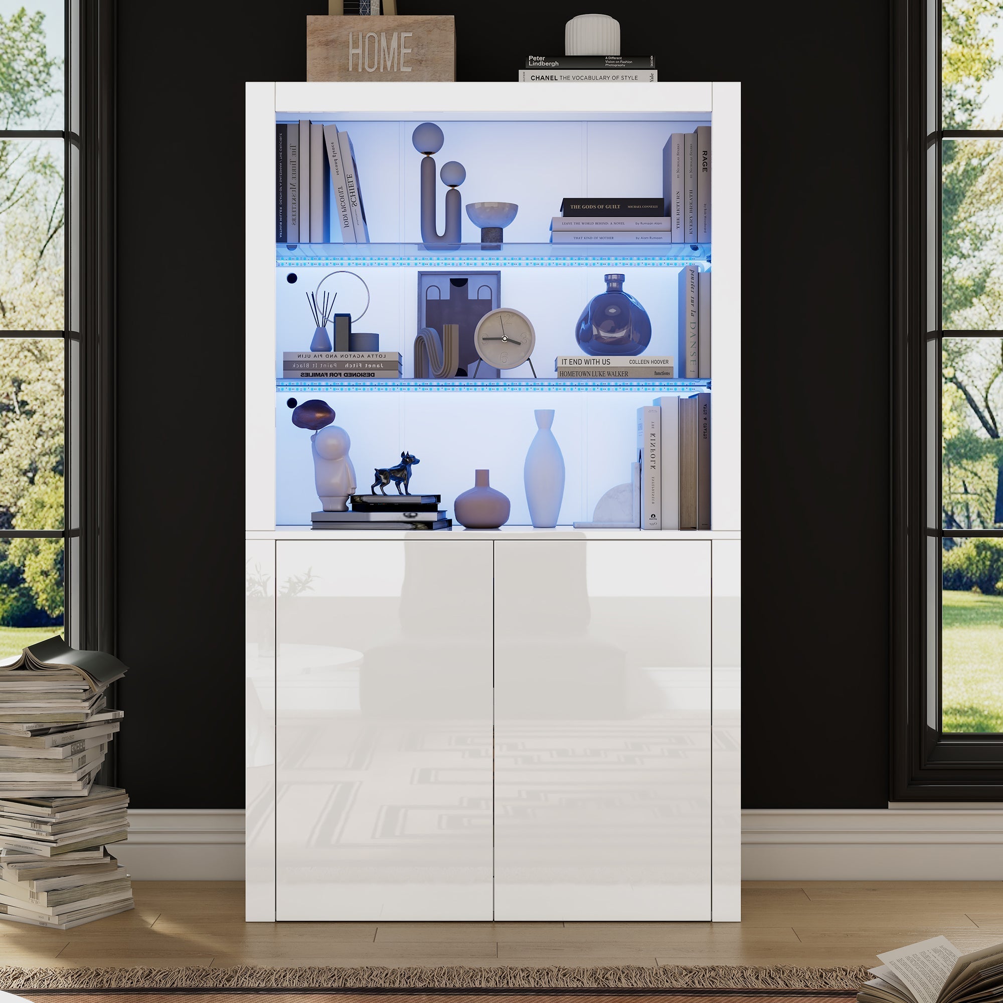 Sofa Sideboard Tall Cabinet, Display Storage with LED Lights, Tempered Glass, 100 x 35 x 170 cm, High-Gloss