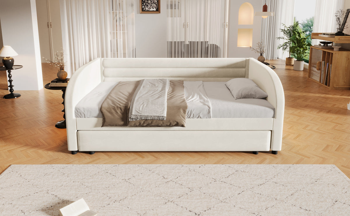Upholstered Platform Bed 90x200 with Pull-Out Bed & LED - Beige