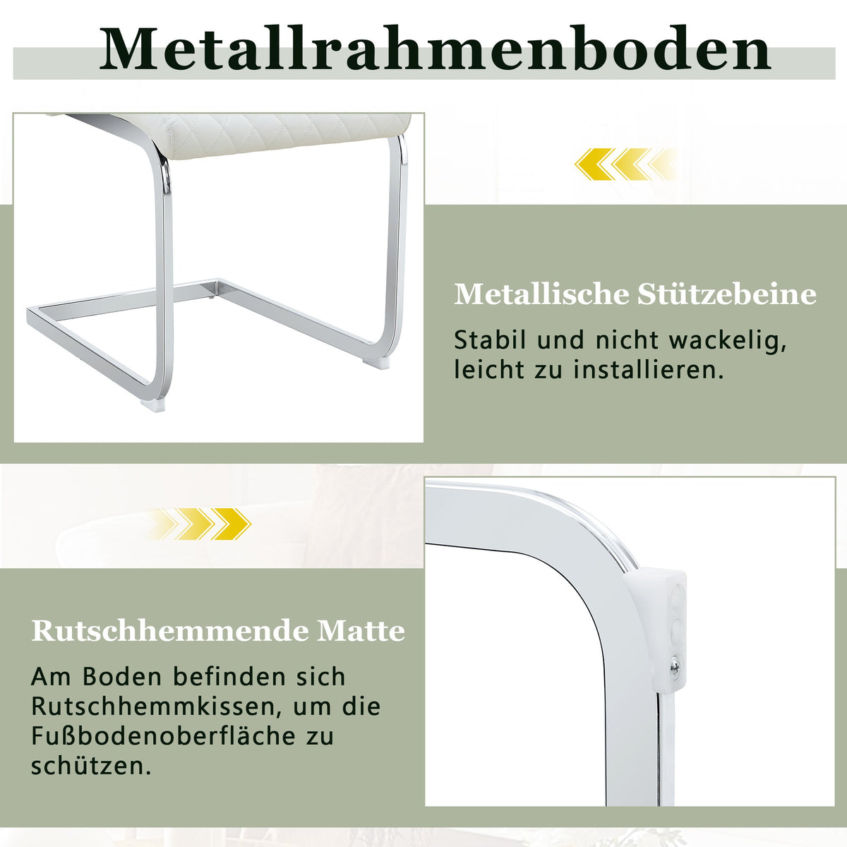 Dining Chair Set of 2 with High Backrest and Padded Seat, White PU Leather and Silver Metal