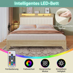 Double Bed 140x200cm, LED Headboard with Storage, Beige Corduroy & Light Oak