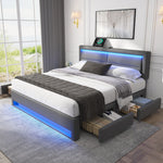 Upholstered Bed 140x200cm USB LED Light 4 Drawers - Grey