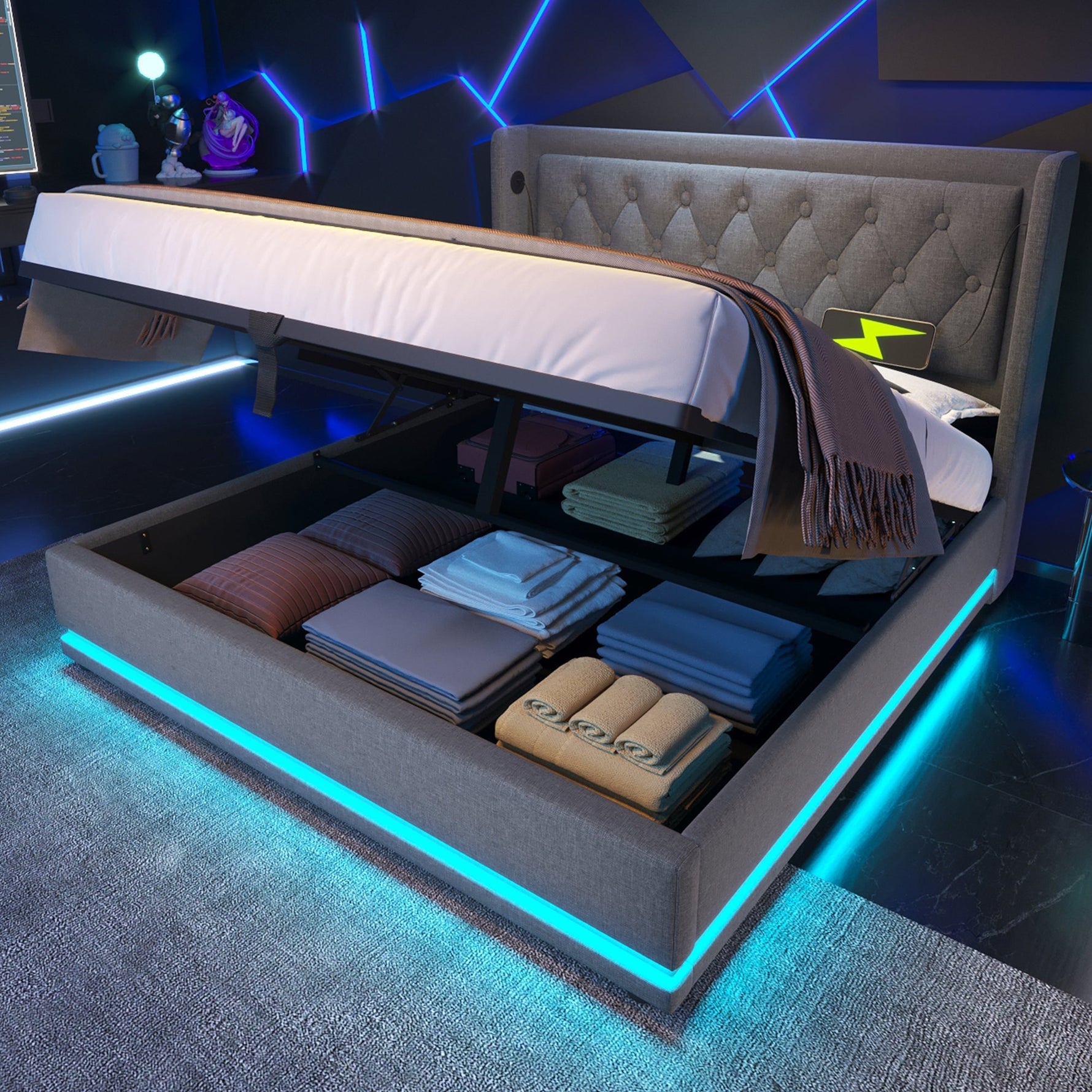 Upholstered Double Bed, 140*200 cm, Hydraulic Storage with USB & LED, Gray Cotton
