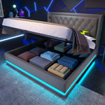 Upholstered Bed, Double with Hydraulic Storage & LED, Gray Cotton