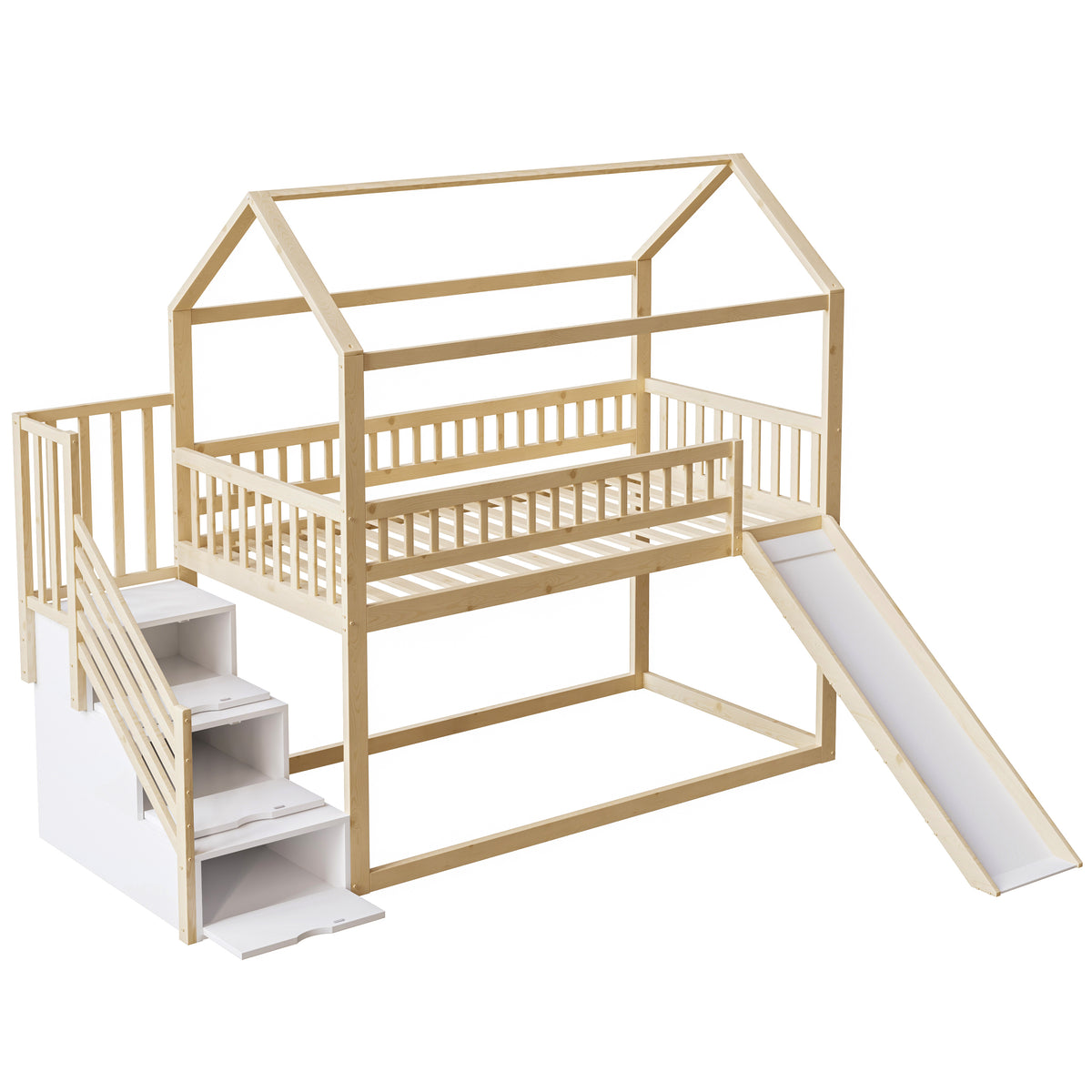 Children's Bunk Bed 90x200cm with Slide & Storage Ladder, Wood