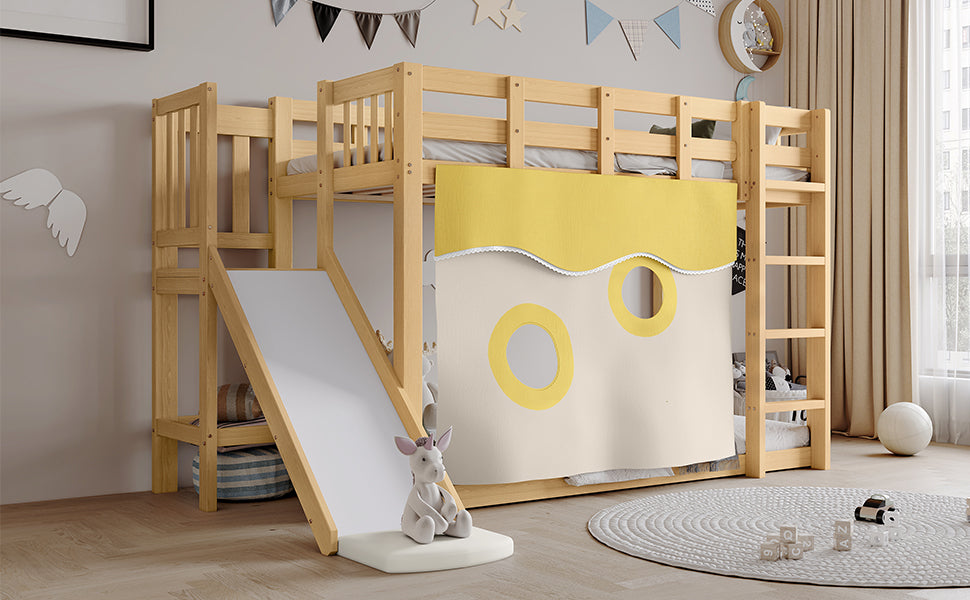 Children's Bunk Bed 90x200cm with Slide & Stairs, Natural Pine