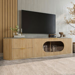 Modern Minimalist TV Cabinet with 3D Stripes and Glass Display, Wood Look and Grey Glass