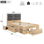 Single Storage Bed 90x200cm with USB & Drawers, Natural Wood