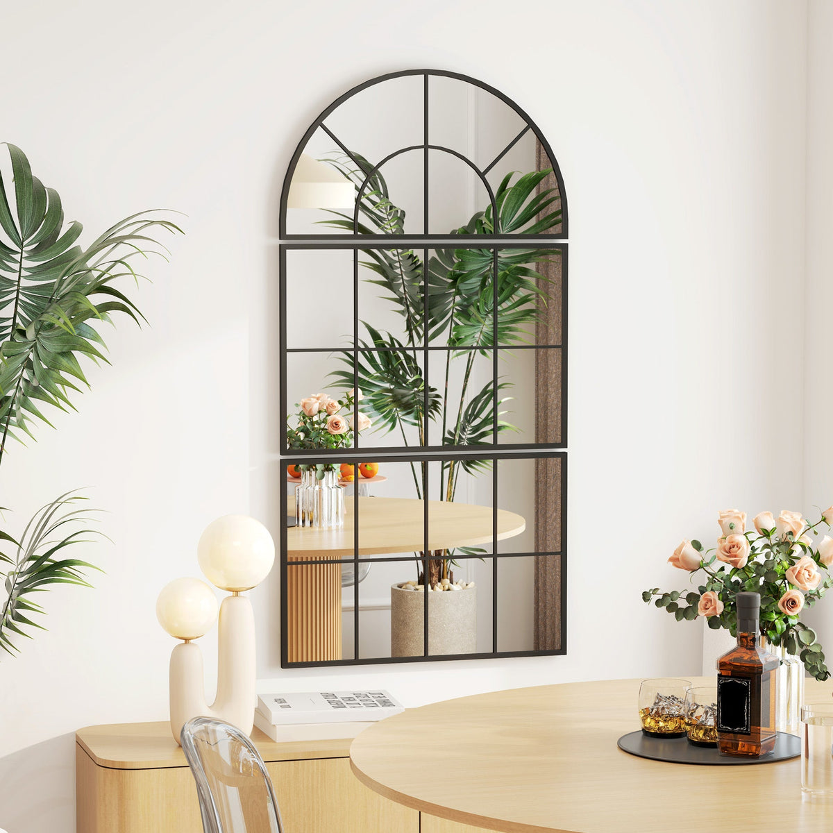 Three-Piece Arched Wall Mirror, Decorative Window Hanging, Black Metal Frame