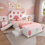 Upholstered Bed, Children's Cat Paw Headboard with Slide & Ladder, PU White + Pink