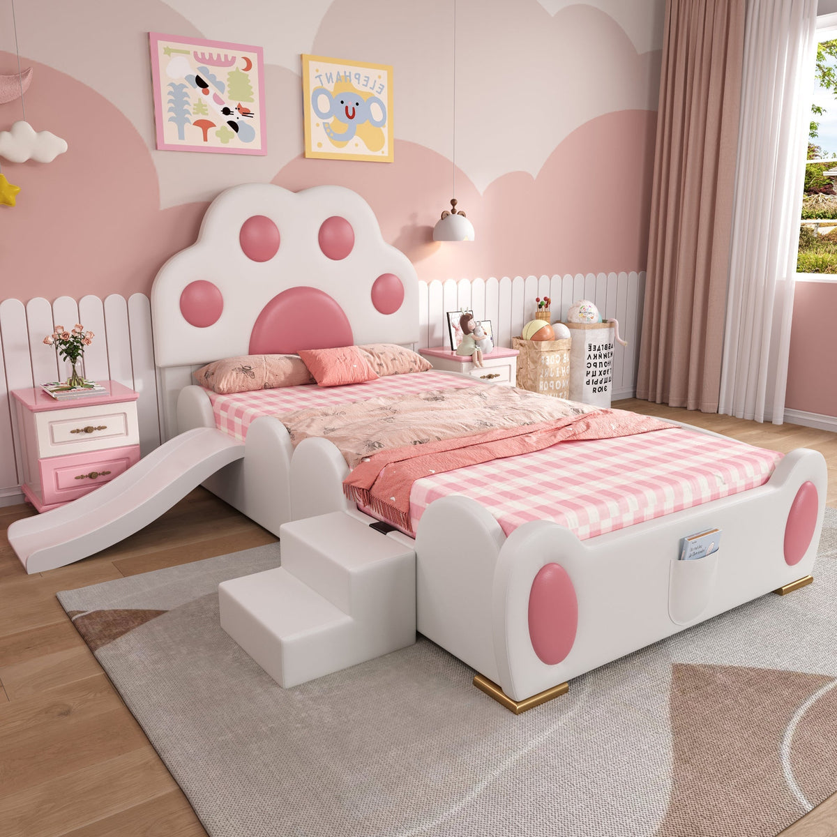 Upholstered Bed, Children's Cat Paw Headboard with Slide & Ladder, PU White + Pink