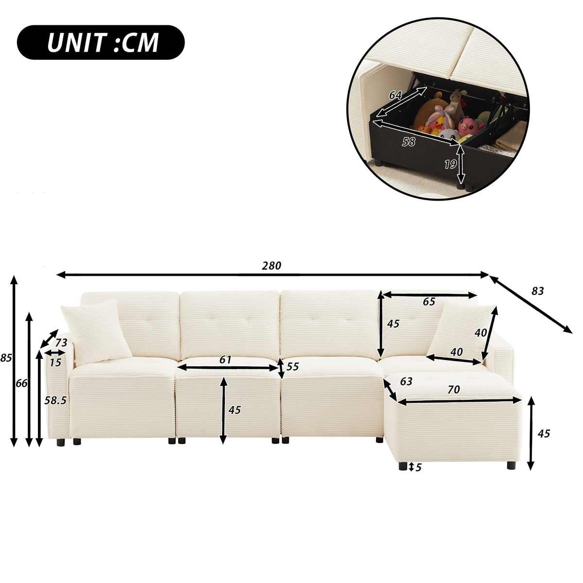 4-Seater Straight Corduroy Sofa with Under-Seat Storage and Freestanding Ottoman, Beige