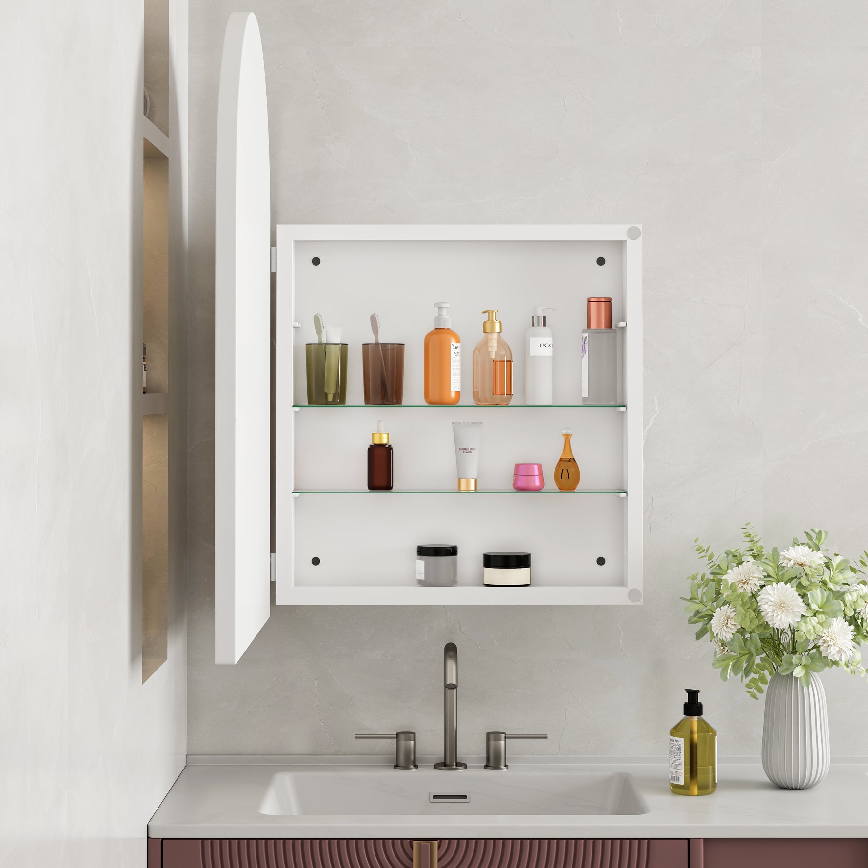 Arched Mirror Cabinet, Recessed/Wall Mount, Adjustable Shelves, White