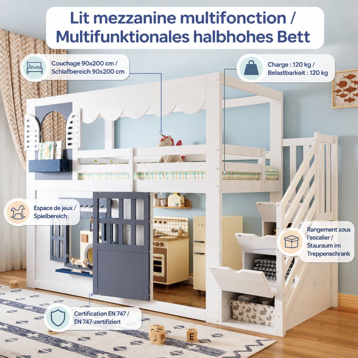 Children's Loft Bed 90x200cm with House Design & Storage, White
