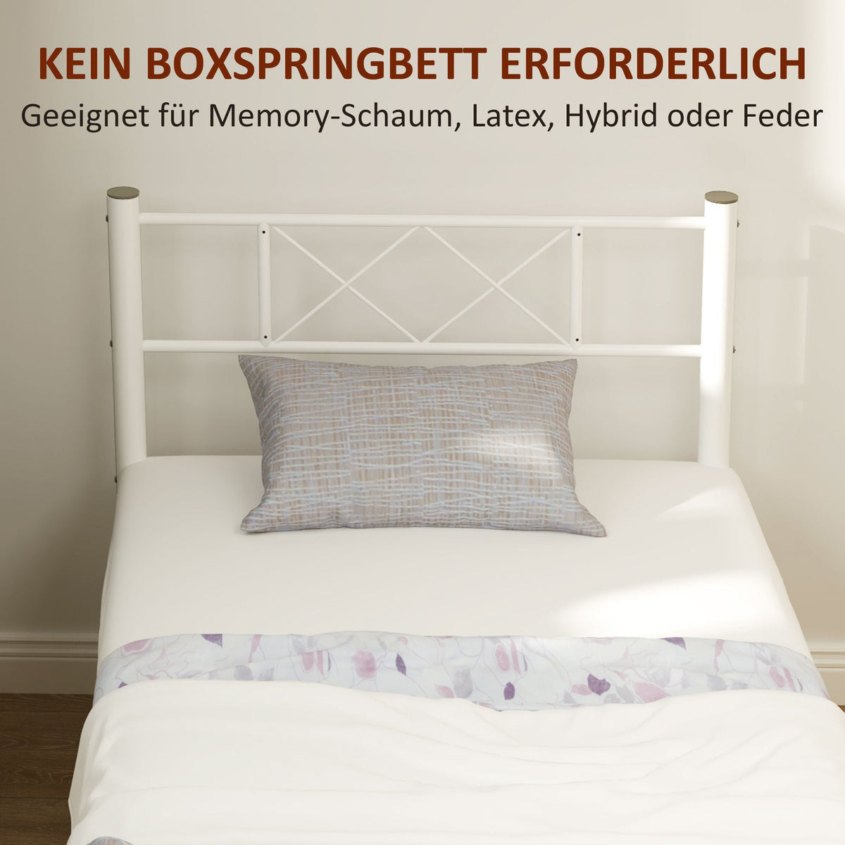 Bed Frame, 200 x 90 cm, 88 cm High, Single, Steel, White
