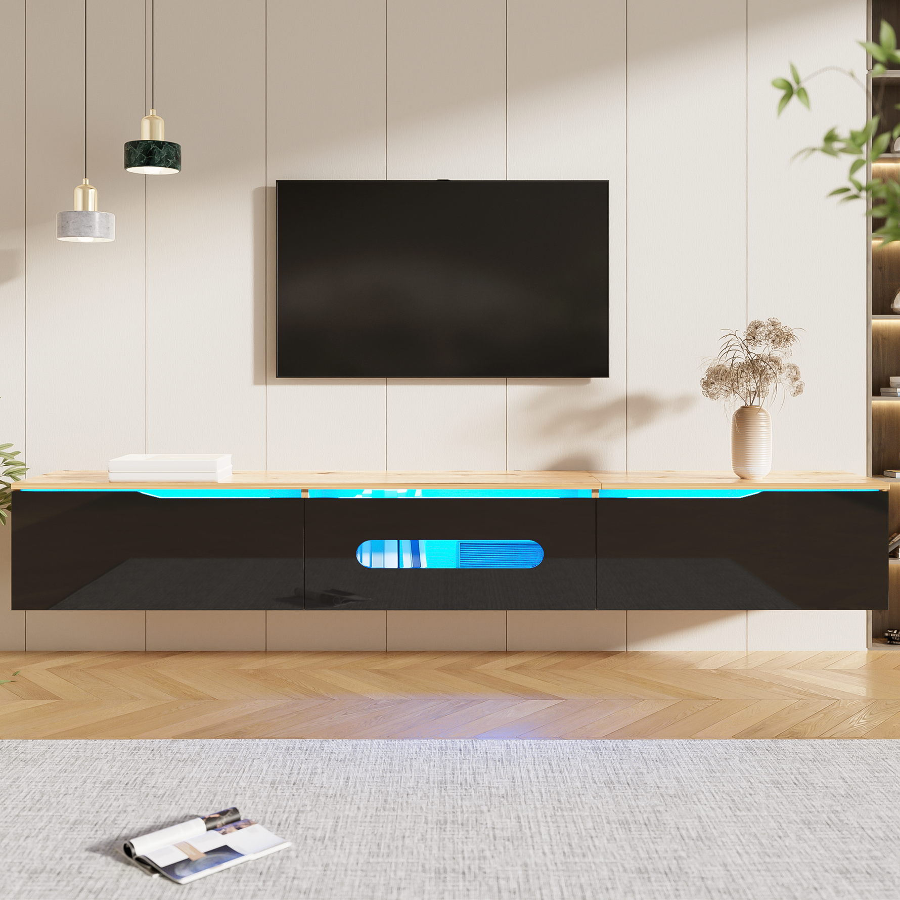 TV Cabinet 180cm Wall-Mountable 16-Color LED Lighting High-Gloss