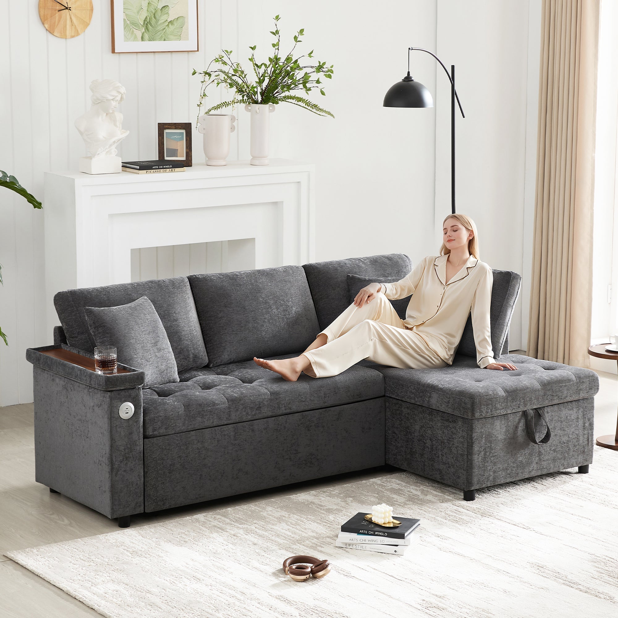 Modern L-shaped Sofa Bed, Pull-out Storage USB Charger Armrest Shelf, Grey