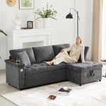Modern L-shaped Sofa Bed, Pull-out Storage USB Charger Armrest Shelf, Grey