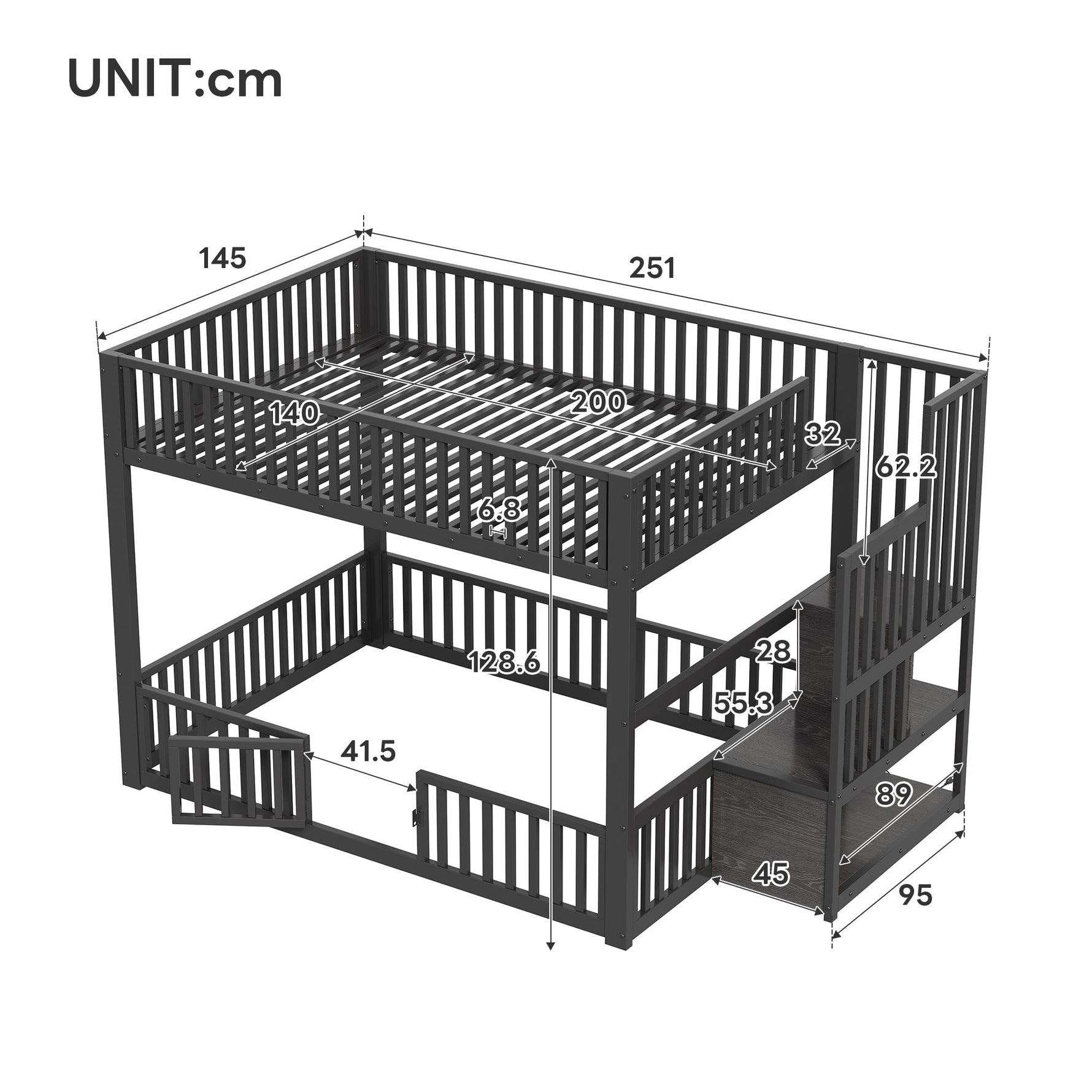 Bunk Bed with Storage Ladder and LED, 140x200cm, Black Metal + MDF