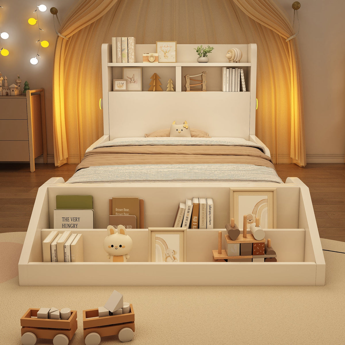 Wooden Single Bed with Shelves, Nightlights and Removable Bookshelf, White