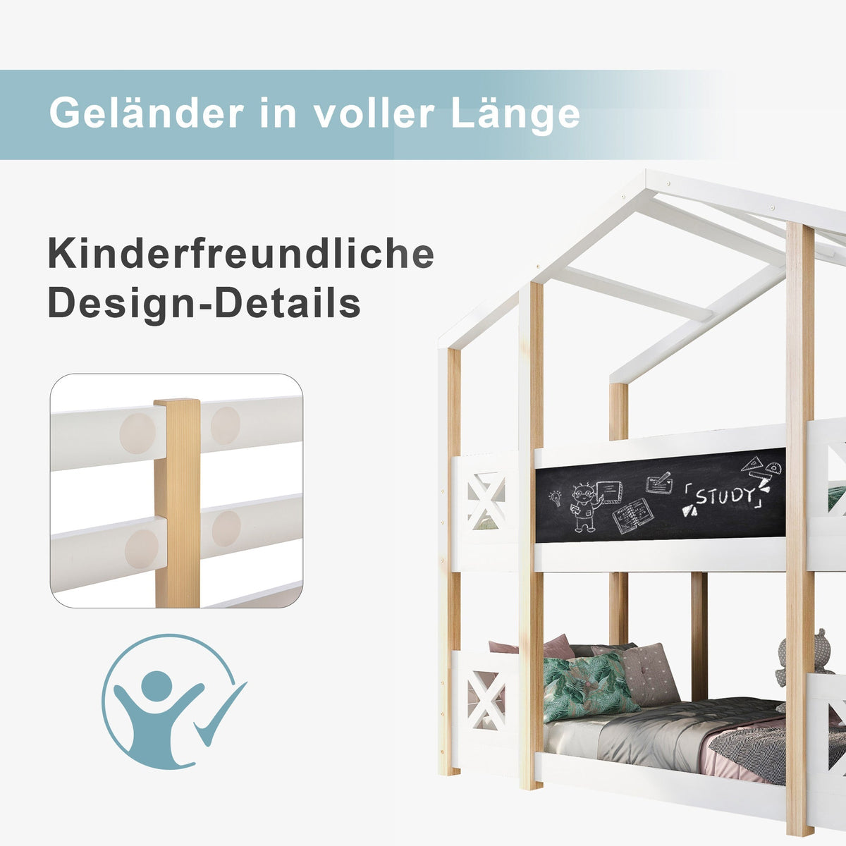 Bunk Bed 90x200cm Tree House Loft with Stairs & Fall Protection, Natural & White