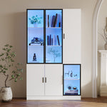 Glass Display Cabinet with LED Lights and 10 Storage Compartments, White and Glass