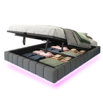 Upholstered Floating Bed 140x200 Hydraulic Storage LED, Grey Linen