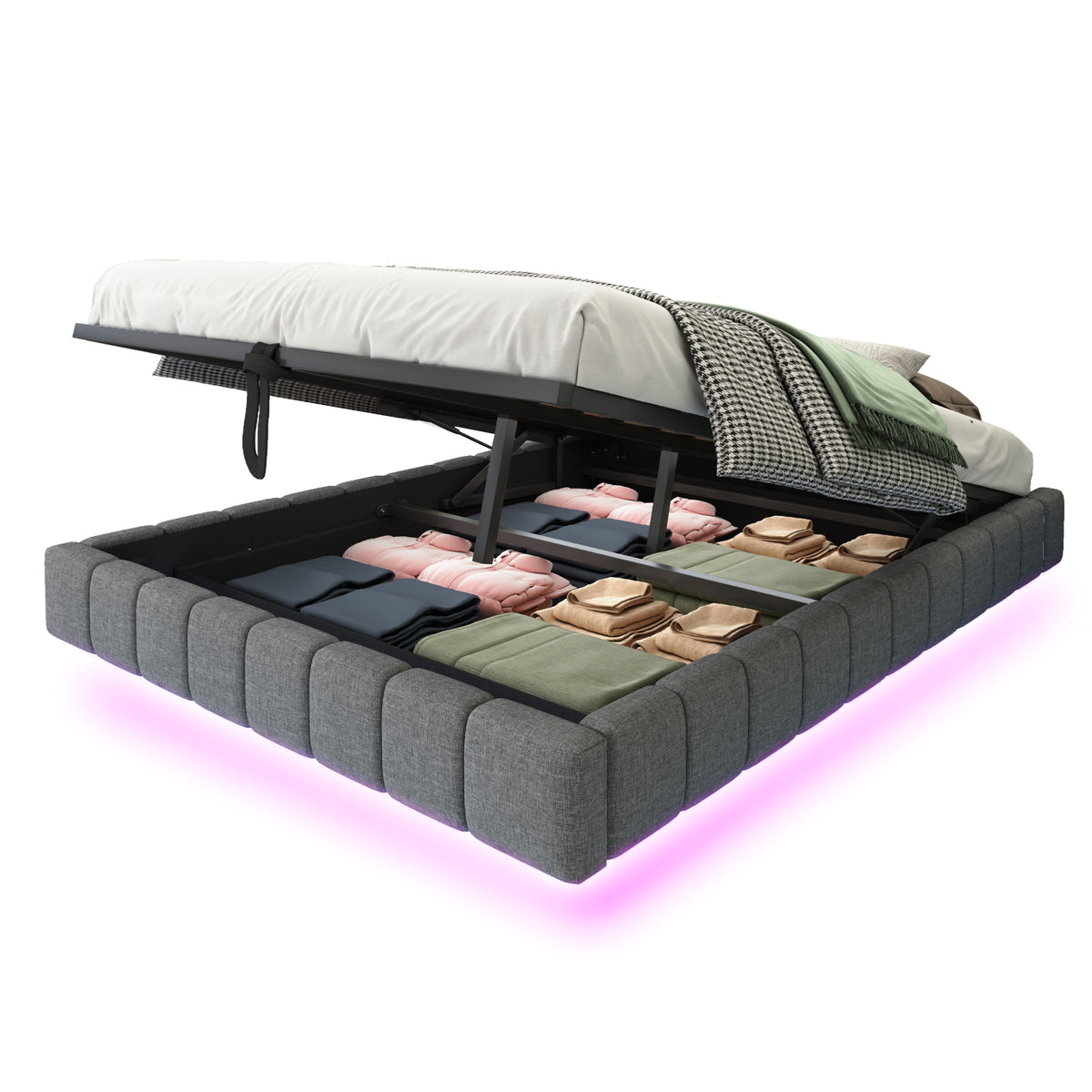 Upholstered Floating Bed 140x200 Hydraulic Storage LED, Grey Linen