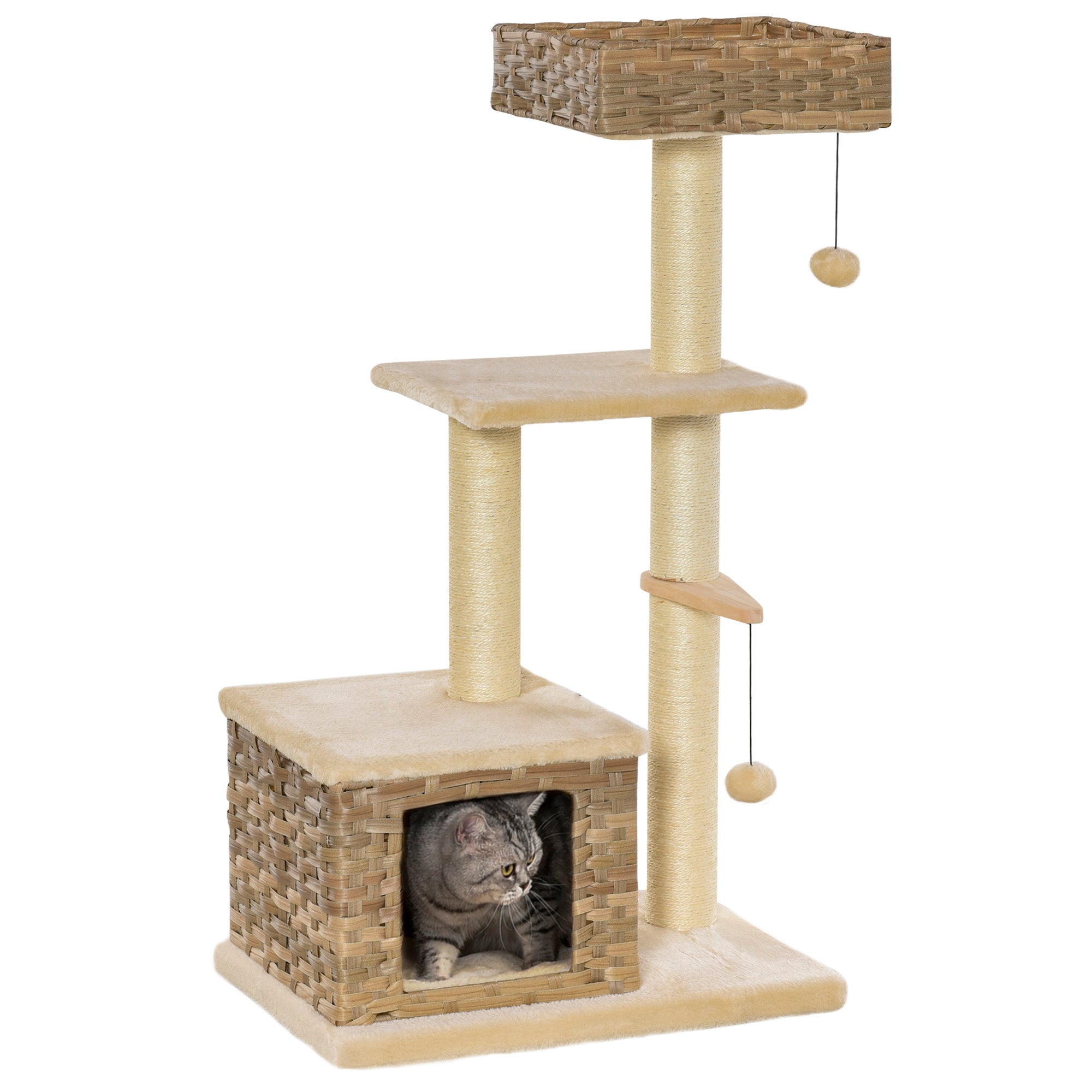 Rattan Cat Tree, 3 Levels, Cat Cave, Sisal & Plush, Brown and Beige