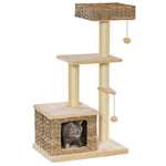 Rattan Cat Tree, 3 Levels, Cat Cave, Sisal & Plush, Brown and Beige