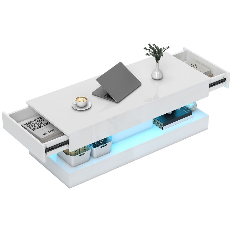 Living Room Table, Drawers, LED Lights, Open Shelf, White Chipboard