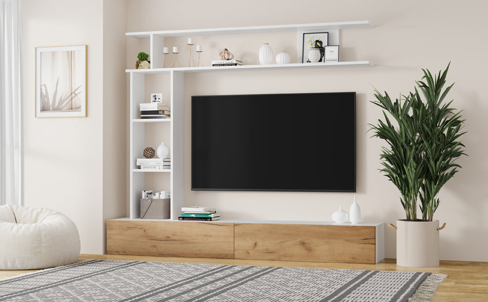 TV Wall Unit Set, Media Wall Display Cabinets Freestanding & Wall-Mounted for up to 80" TV, White + Wood Color