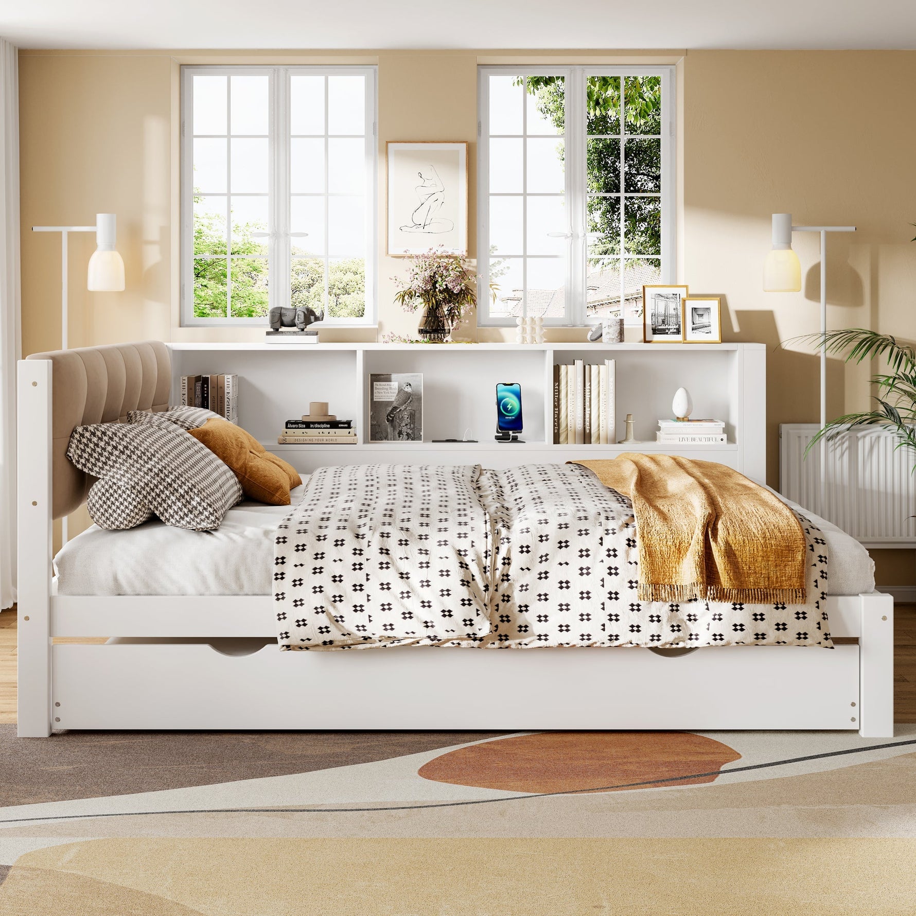 Daybed Sofa Bed 140x200cm Pull-out Bed LED Shelf USB - White Pine Wood