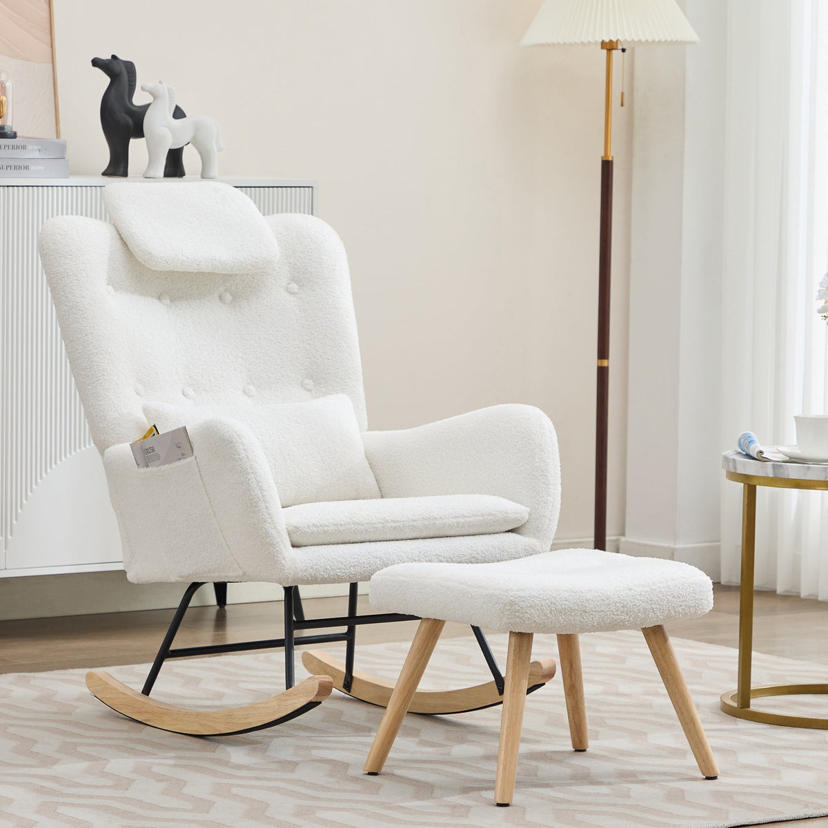Rocking Chair with Footstool, Armrests Recliner Lounge Chair, Teddy Velvet Fabric