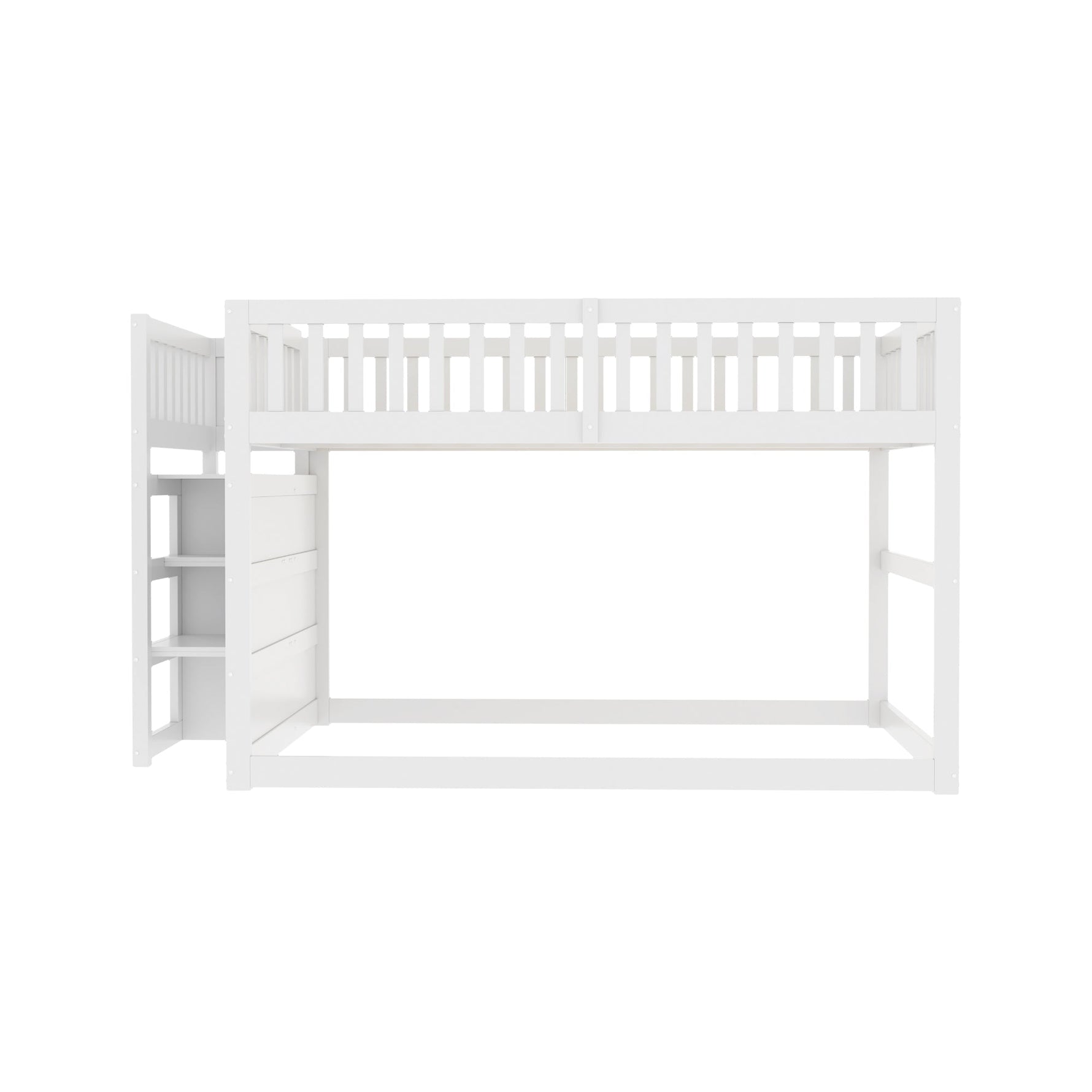 Low Bunk Bed, 140x200cm Safety with Storage & High Fence, Wooden White