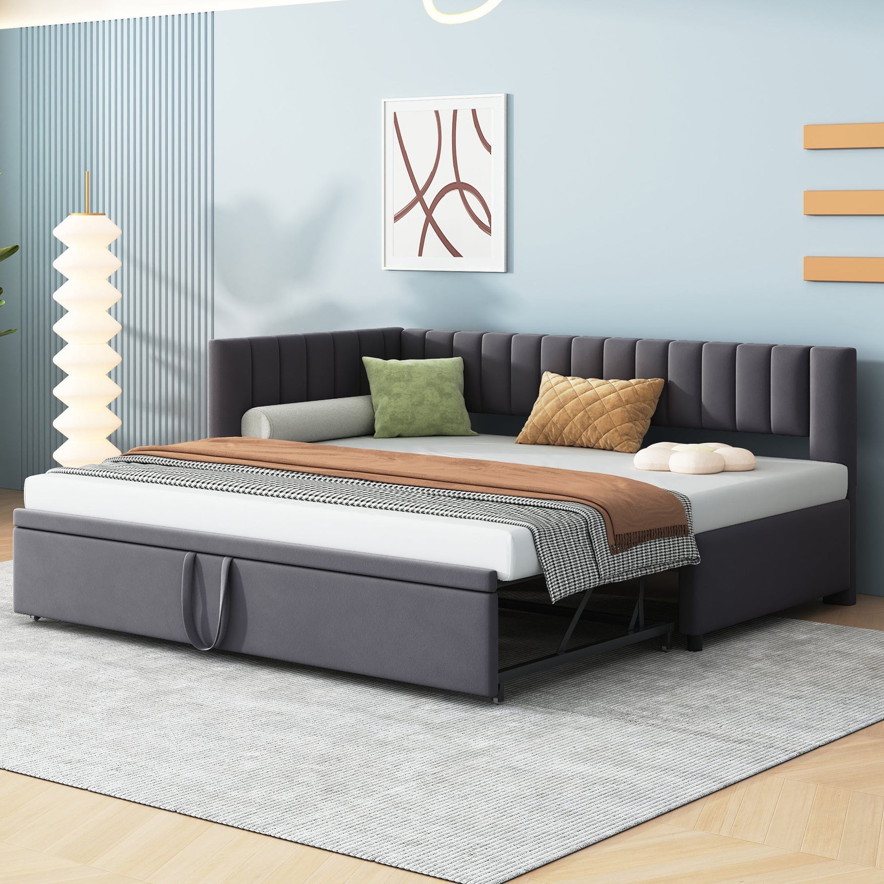 Sofa Bed, L-Shaped Pull-Out 90/180*200cm, Velvet Fabric, Gray