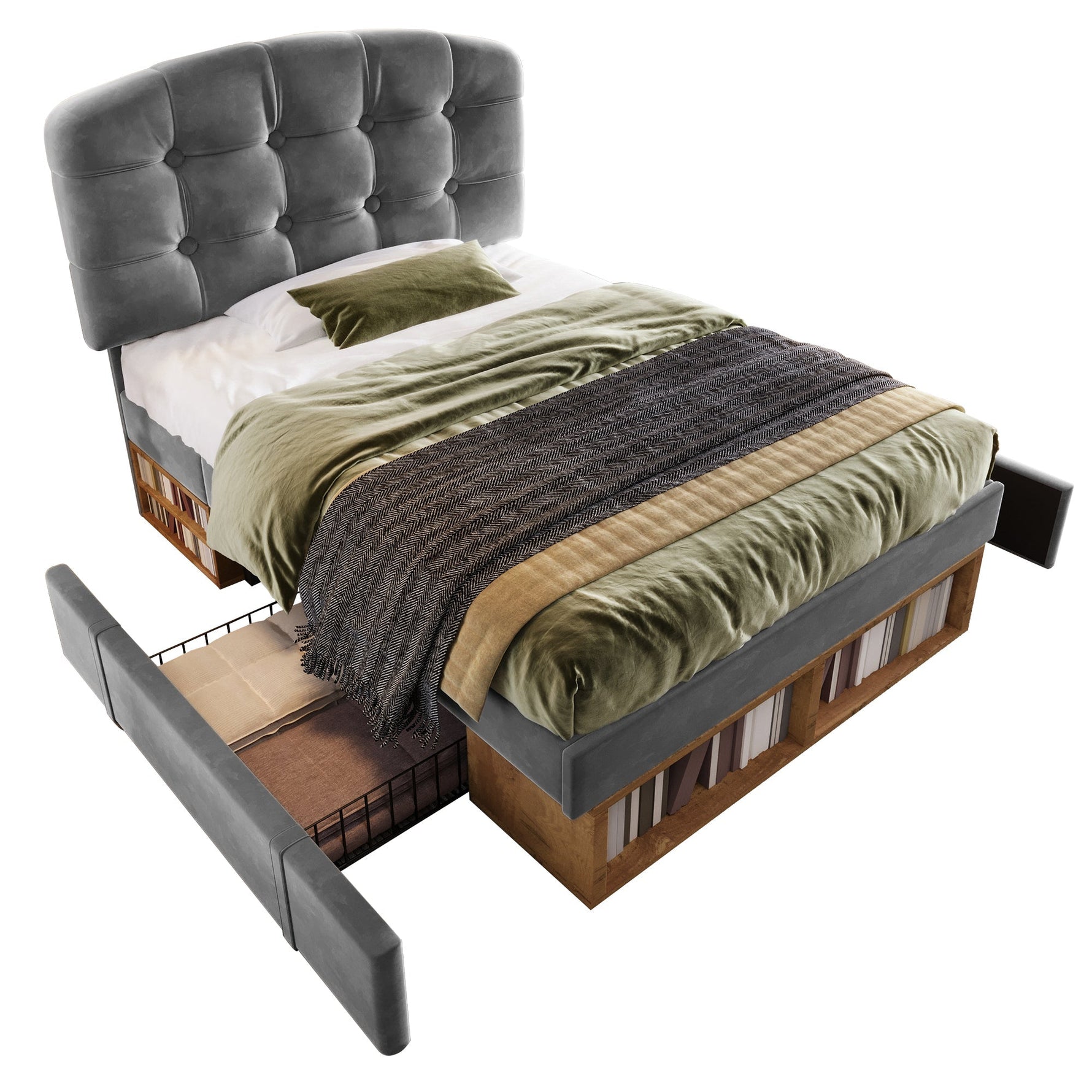 Upholstered Single Bed with Adjustable Headboard, Drawers and Storage, 90x200cm, Grey Velvet