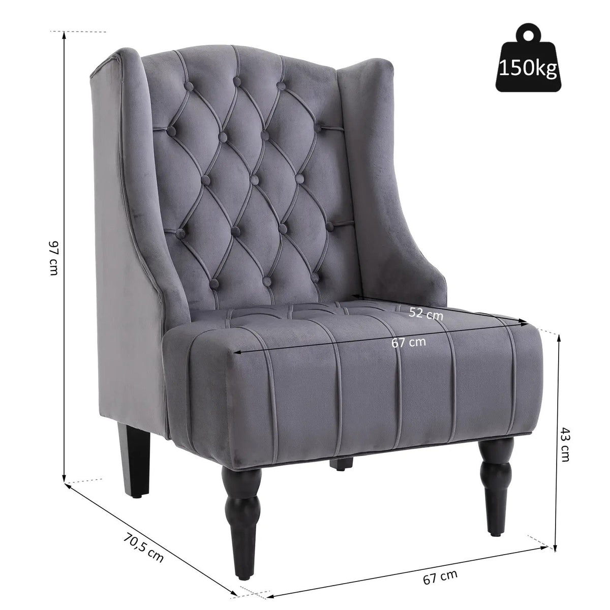 Wingback Chair Recliner, Tufting Raised Legs, Grey Velvet