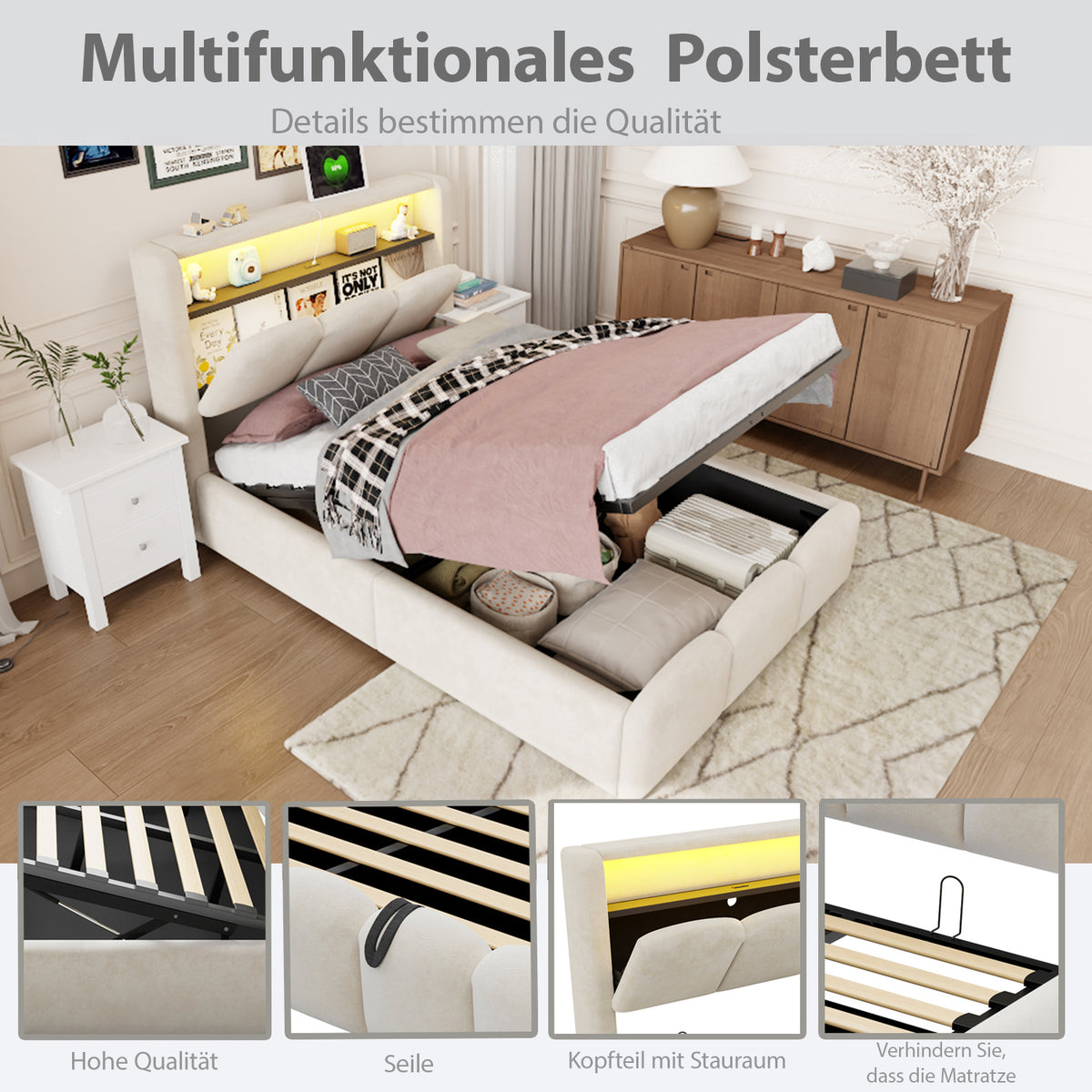 Upholstered Bed 90x200 with Storage & LED, Beige Velvet