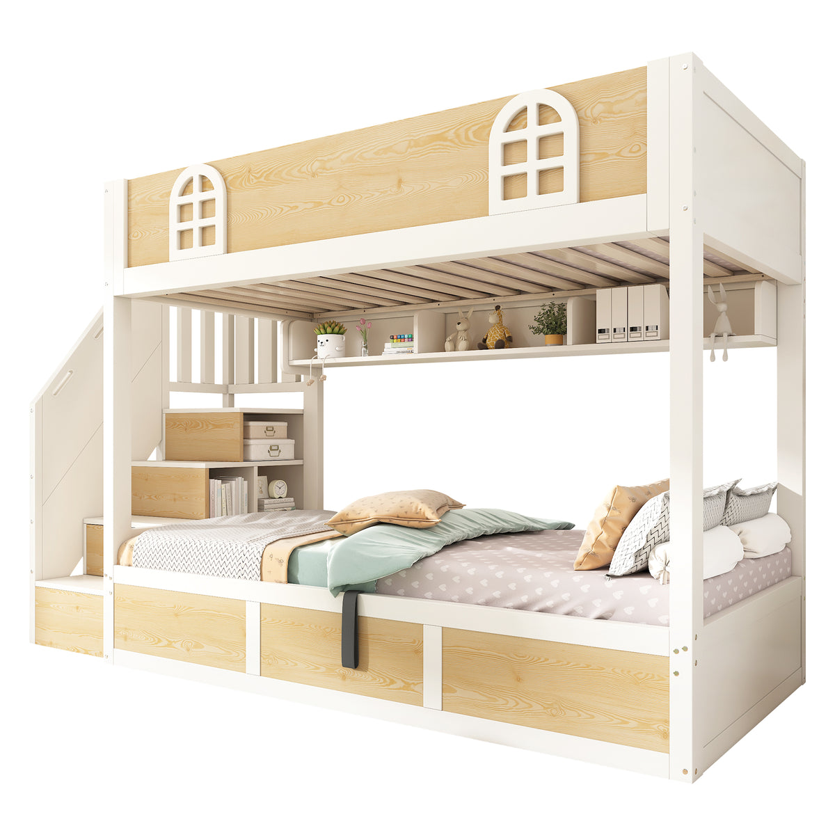 Children's Bunk Bed 90x200cm with Storage Staircase, White & Natural
