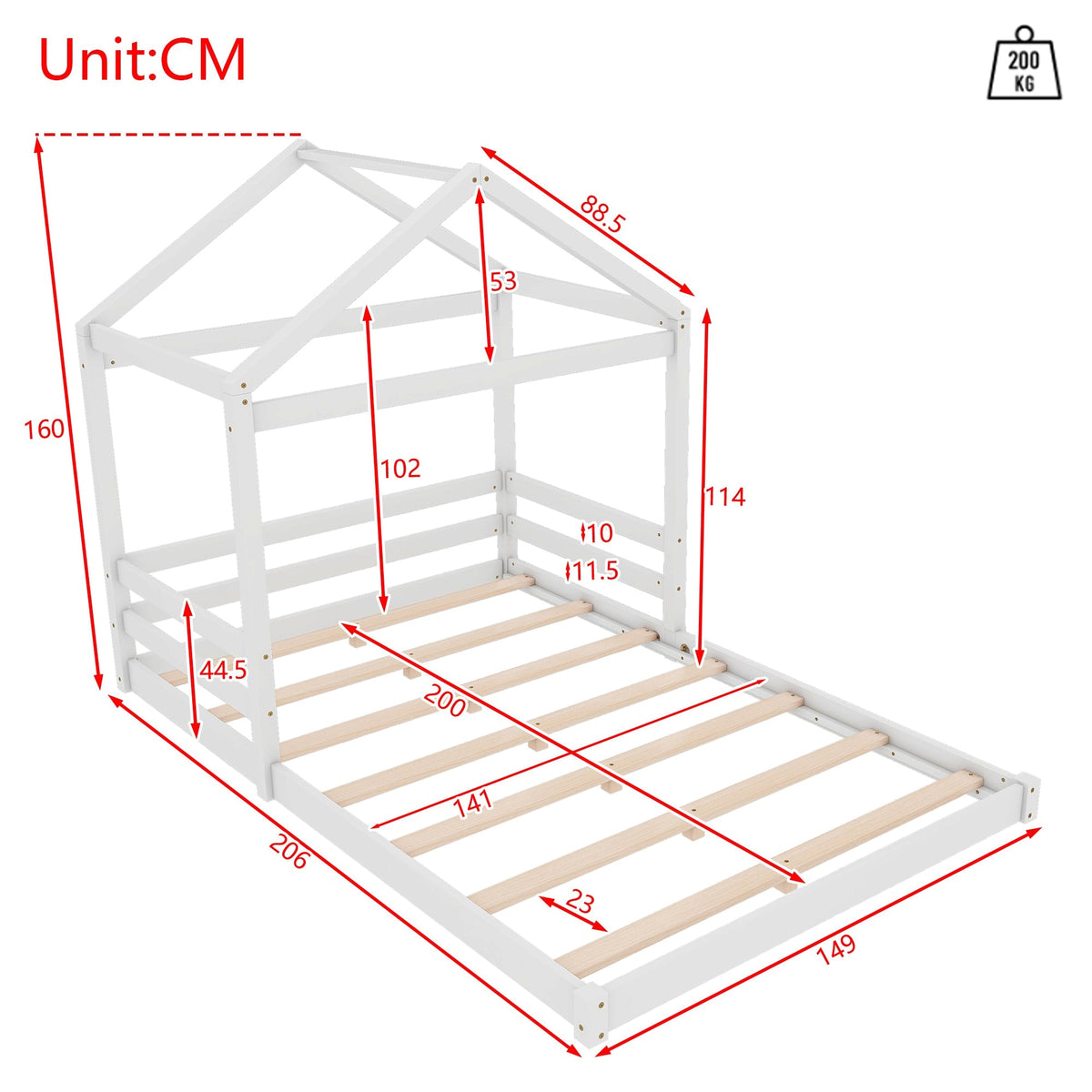 House Bed 140x200cm House Shape Slatted Base - White Pine