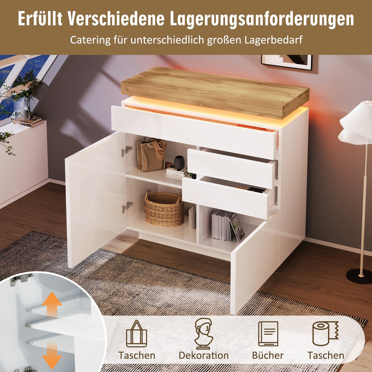 Chest of Drawers, High-Gloss Sideboard 2 Doors 3 Drawers, LED, White