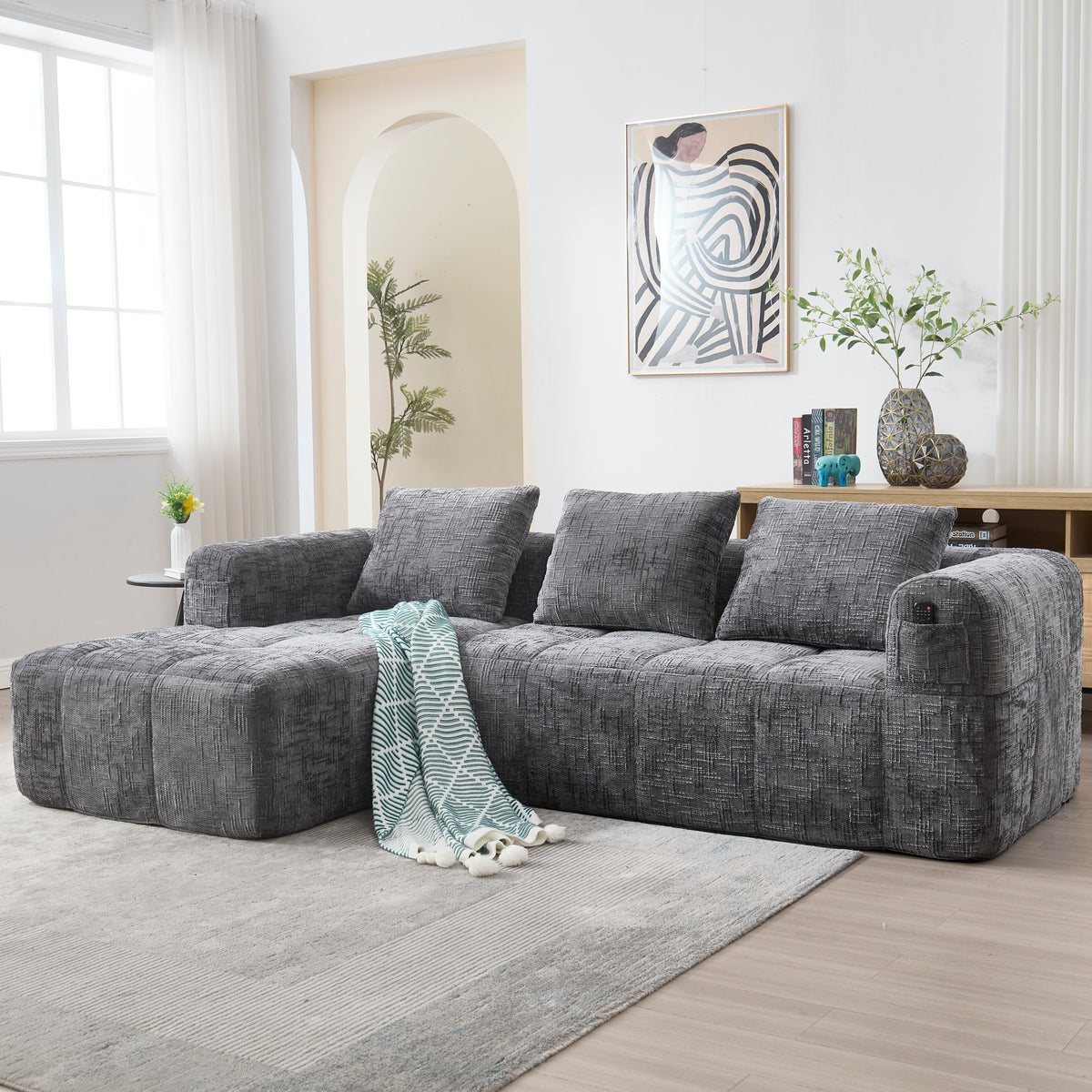 Modern Sectional Sofa L-Shaped 3-Seater Chaise Longue Storage Pocket Chenille Grey