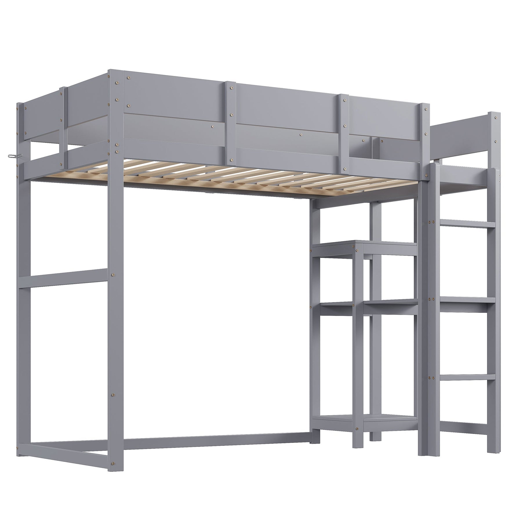 Loft Bed with Storage and Slatted Base, 90x200cm, Grey Pine Wood