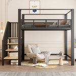 Metal Loft Bed 90x200cm with Canopy, Desk & Storage Steps, Black